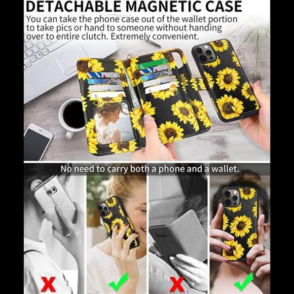 For iPhone 12 Pro Max Sunflower Case Wallet-Magnetic Detachable 2 in 1 Leather - Picture 5 of 7